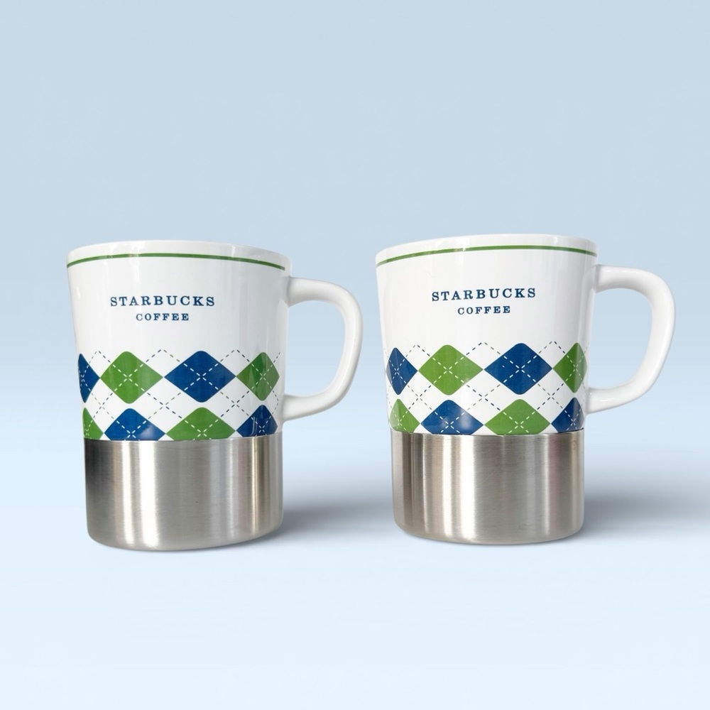 Starbucks Urban Desk Mug 2006 Blue Green Argyle Stainless Steel - Set of 2